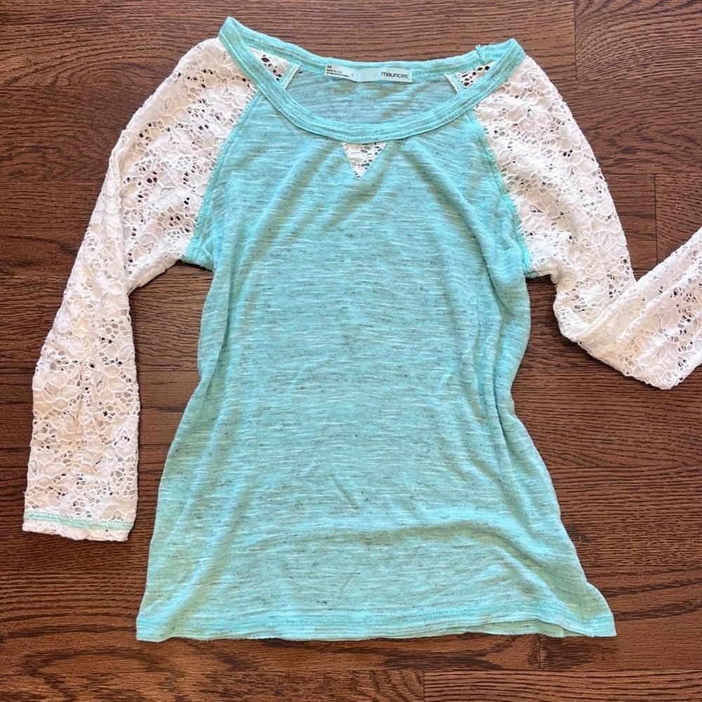 y2k teal and white lace long sleeve top xs